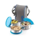 Compact Cello lunch box with 3 steel containers and carry pouch