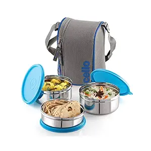 Compact Cello lunch box with 3 steel containers and carry pouch