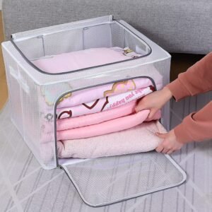 Foldable 66L medium storage bag with transparent window, stainless steel frame, zipper, and handles