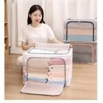 Foldable transparent 40 L clothes storage bag with stainless steel frame, clear window, reinforced zipper and handle