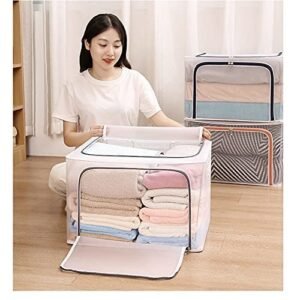 Foldable transparent 40 L clothes storage bag with stainless steel frame, clear window, reinforced zipper and handle